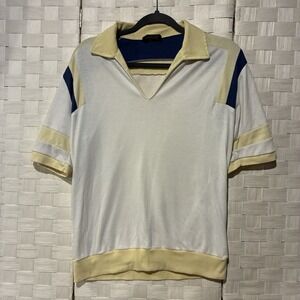 Vintage Kingsport Men Large White Yellow Blue Colorblock V-Neck Polo 70s 80s